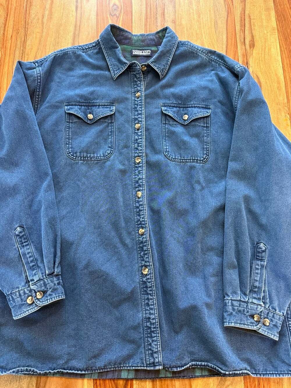 Vintage Lands' End Denim Button-Down Shirt with Plaid Lining, Size XL